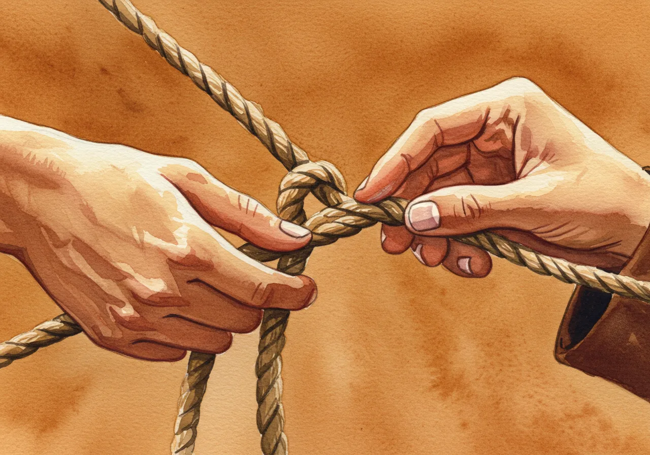 A hand removing a knot from a rope